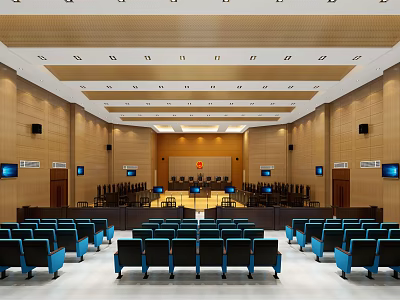 Courtroom Interior Design With Wooden Panel Walls Blue Seats And Ceiling Lighting 3d model