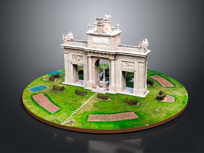 Classical Arch Architectural Model With Green Lawn Paths And Shrubs 3d model