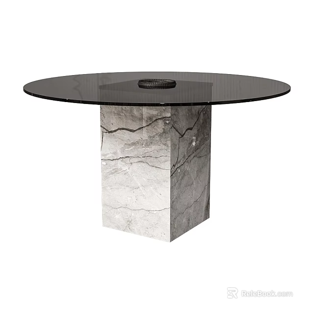 Modern Round Dining Table With Glass Top And Cracked Stone Base Design 3d model