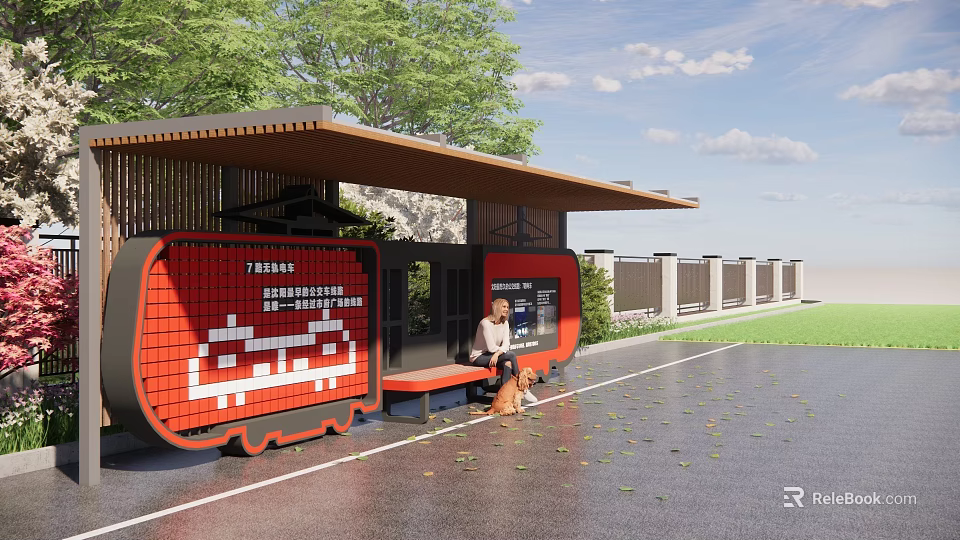 Modern Roadside Transit Bus Stop Shelter with Red Signage Bench and Pedestrian Waiting Area 3d model 