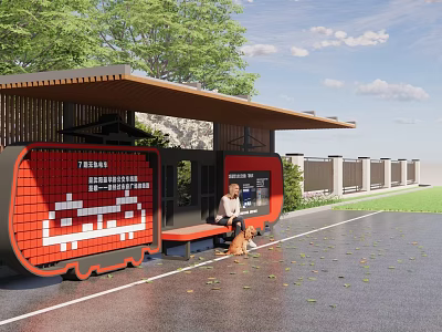 Modern Roadside Transit Bus Stop Shelter with Red Signage Bench and Pedestrian Waiting Area 3d model