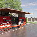 Modern Roadside Transit Bus Stop Shelter with Red Signage Bench and Pedestrian Waiting Area