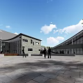 Modern Museum Building Curved Glass Facade Wooden Elements Plaza And People Walking Under Blue Sky