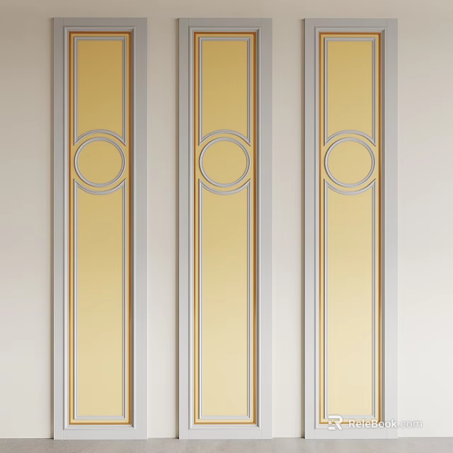 Elegant Gold And White Wainscoting Design With Circular Patterns And Decorative Trim 3d model 