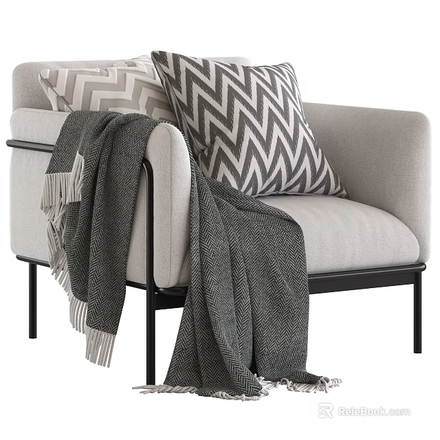 Light Gray Single Seater Sofa With Black Metal Legs Chevron Cushions And Gray Throw Blanket 3d model 