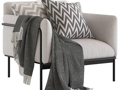 Light Gray Single Seater Sofa With Black Metal Legs Chevron Cushions And Gray Throw Blanket 3d model
