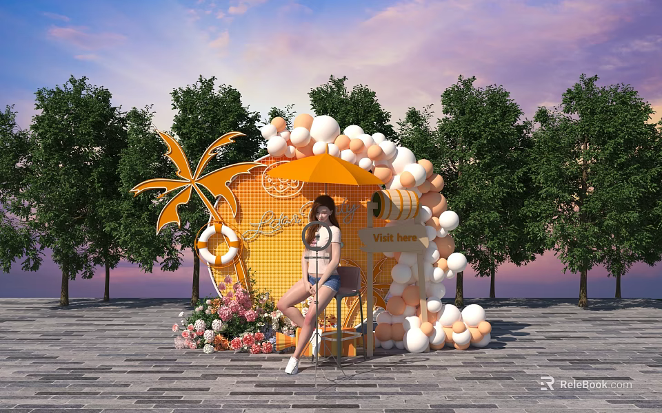 Live Stream With Female Host Viva Love Sign Orange White Balloon Arch Palm Leaf Decoration 3d model 