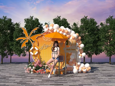 Live Stream With Female Host Viva Love Sign Orange White Balloon Arch Palm Leaf Decoration 3d model