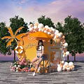 Live Stream With Female Host Viva Love Sign Orange White Balloon Arch Palm Leaf Decoration