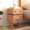 Natural Wood Two Tier Bedside Table With Lamp And Book Next To Wooden Bedroom Bed