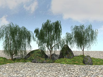 Graceful Willow Trees In Garden With Rocks Green Grass And Blue Sky 3d model