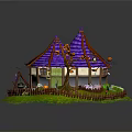 Halloween Cottage With Purple Roof Orange Pumpkins Spider Webs Fence And Grass