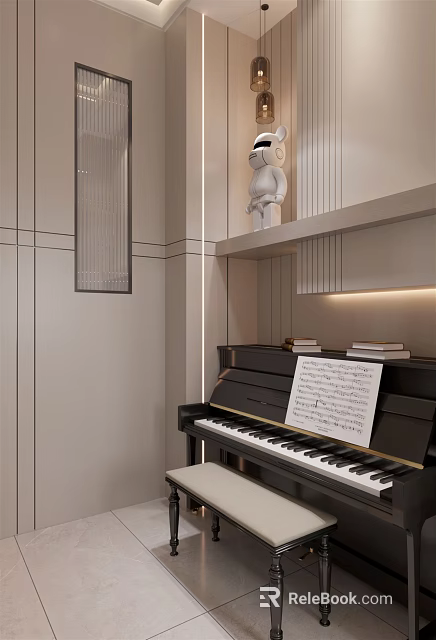 Musical Instruments and Art Supplies in Modern Interior with Piano Sheet Music on Shelf 3d model 