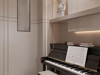 Musical Instruments and Art Supplies in Modern Interior with Piano Sheet Music on Shelf 3d model