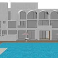 Modern Luxury Sales Office With White Building Arched Windows Glass Curtain Walls And Swimming Pool