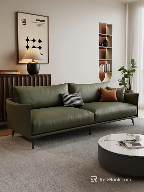 Modern Green Leather Sofa With Plaid And Brown Cushions And Round Coffee Table 3d model 