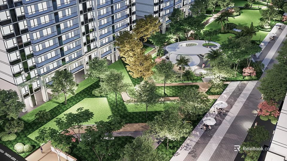 Residential Landscape With High Rise Buildings Lush Greenery Trees Lawns And Leisure Seating Areas 3d model 