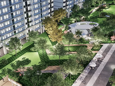 Residential Landscape With High Rise Buildings Lush Greenery Trees Lawns And Leisure Seating Areas 3d model