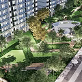 Residential Landscape With High Rise Buildings Lush Greenery Trees Lawns And Leisure Seating Areas