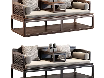 Traditional Chinese Luohan Bed With Solid Wood Frame Soft Cushions And Small Tea Table 3d model