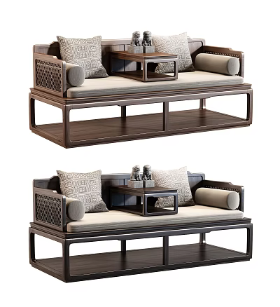 Traditional Chinese Luohan Bed With Solid Wood Frame Soft Cushions And Small Tea Table 3d model