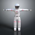 Man Wearing White Astronaut Spacesuit With Red Stripes Helmet And Chest Logo Standing Arms Outstretched