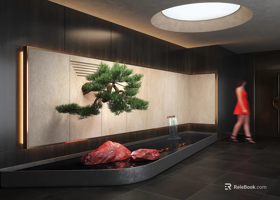 Modern Indoor Garden Feature With Bonsai Pine Water Basin Red Stones And Glass Vase 3d model 