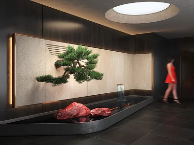 Modern Indoor Garden Feature With Bonsai Pine Water Basin Red Stones And Glass Vase 3d model