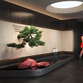 Modern Indoor Garden Feature With Bonsai Pine Water Basin Red Stones And Glass Vase