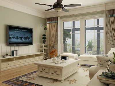 Modern Living Dining Room With White Coffee Table TV Cabinet Ceiling Fan And Large Windows 3d model