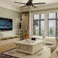 Modern Living Dining Room With White Coffee Table TV Cabinet Ceiling Fan And Large Windows