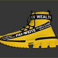 Stylish Yellow Black High-Top Shoes with Branded Text and Thick Chunky Sole Design