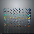 Various Colorful Game Weapons With Shiny Gemstone Decorations Arranged Neatly