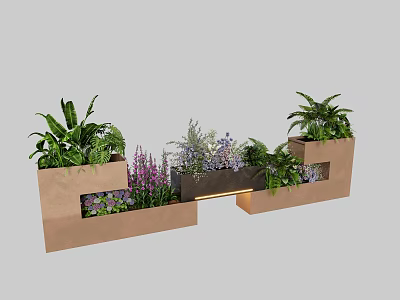 Decorative Plant Combination In Rectangular Brown Planters With Green Foliage Purple Flowers And Small Plants 3d model