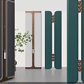 Modern Minimalist Room Divider With Teal White Brown Panels And Circular Brass Decorations