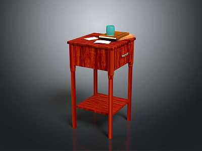 Red Wooden Side Table Featuring Blue Cup Book Papers Drawer And Lower Shelf 3d model
