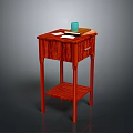 Red Wooden Side Table Featuring Blue Cup Book Papers Drawer And Lower Shelf