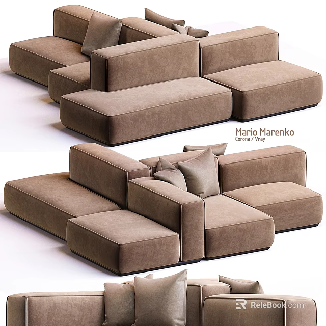 Modern Brown Velvet Sofa Ottoman With Modular Design And Decorative Pillows 3d model 