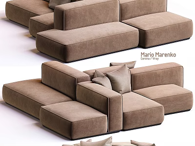 Modern Brown Velvet Sofa Ottoman With Modular Design And Decorative Pillows 3d model