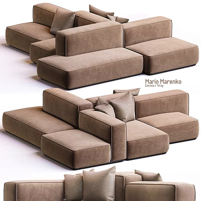 Modern Brown Velvet Sofa Ottoman With Modular Design And Decorative Pillows 3d model
