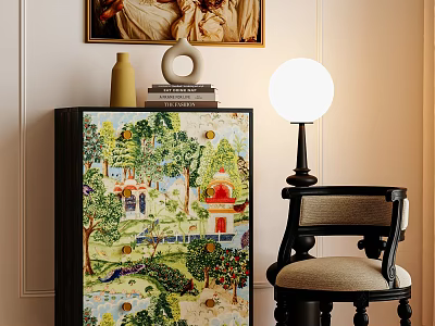 Vibrant Chest of Drawers with Scenic Painting Design and Chair Round Lamp Nearby 3d model