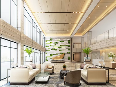 Modern Lobby Interior With Wooden Ceiling Large Windows Green Wall Decor And Comfortable Sofas Plants 3d model