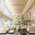Modern Lobby Interior With Wooden Ceiling Large Windows Green Wall Decor And Comfortable Sofas Plants 3d model