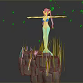 3D Mermaid Character Standing On Rock With Green Seaweed And Blue Bubbles