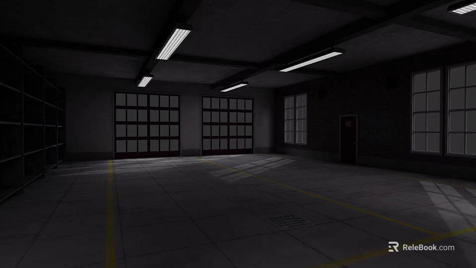 Industrial Factory Interior With Large Windows Ceiling Lights And Concrete Floor 3d model 