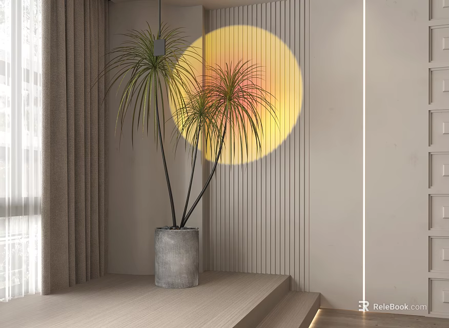 Modern Floor Lamp With Circular Glowing Decoration Near Curtains Potted Plant And Wall Steps 3d model 