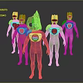 Game and Movie Characters in Red Yellow Blue Green White Costumes With Unique Helmet Designs