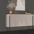 Modern Console Cabinet With Geometric Pattern Metal Frame Decorative Vase Candles And Wall Art