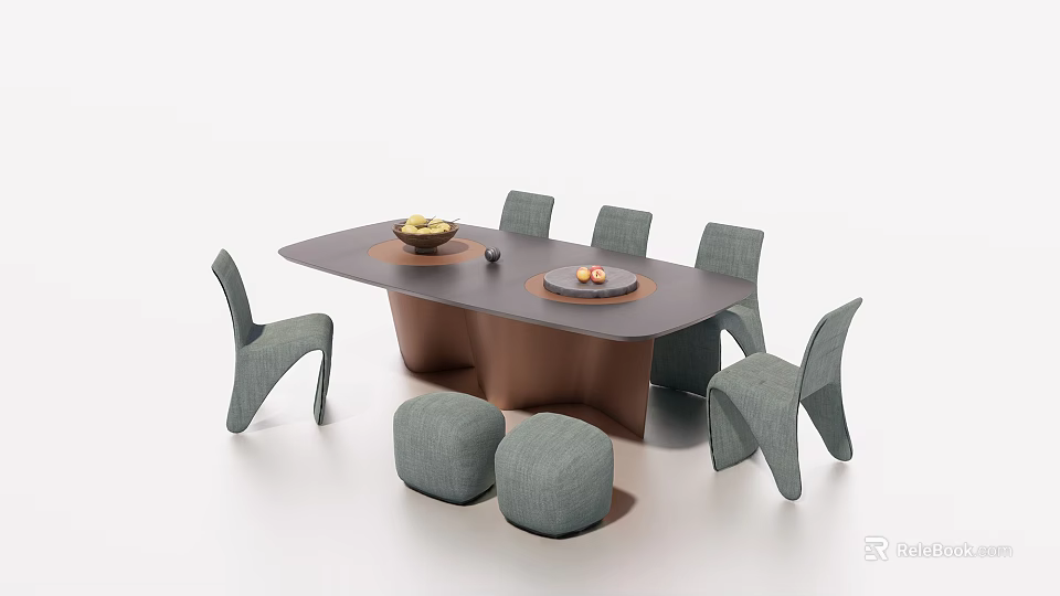 Modern Dining Table Set with Six Gray Chairs Two Round Stools Fruit Bowl and Plate 3d model 