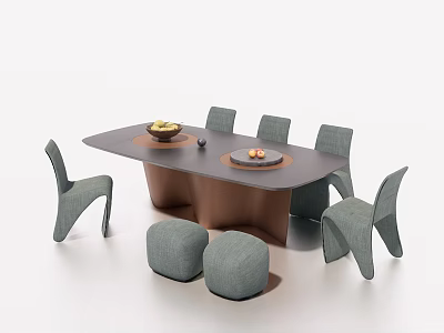 Modern Dining Table Set with Six Gray Chairs Two Round Stools Fruit Bowl and Plate 3d model